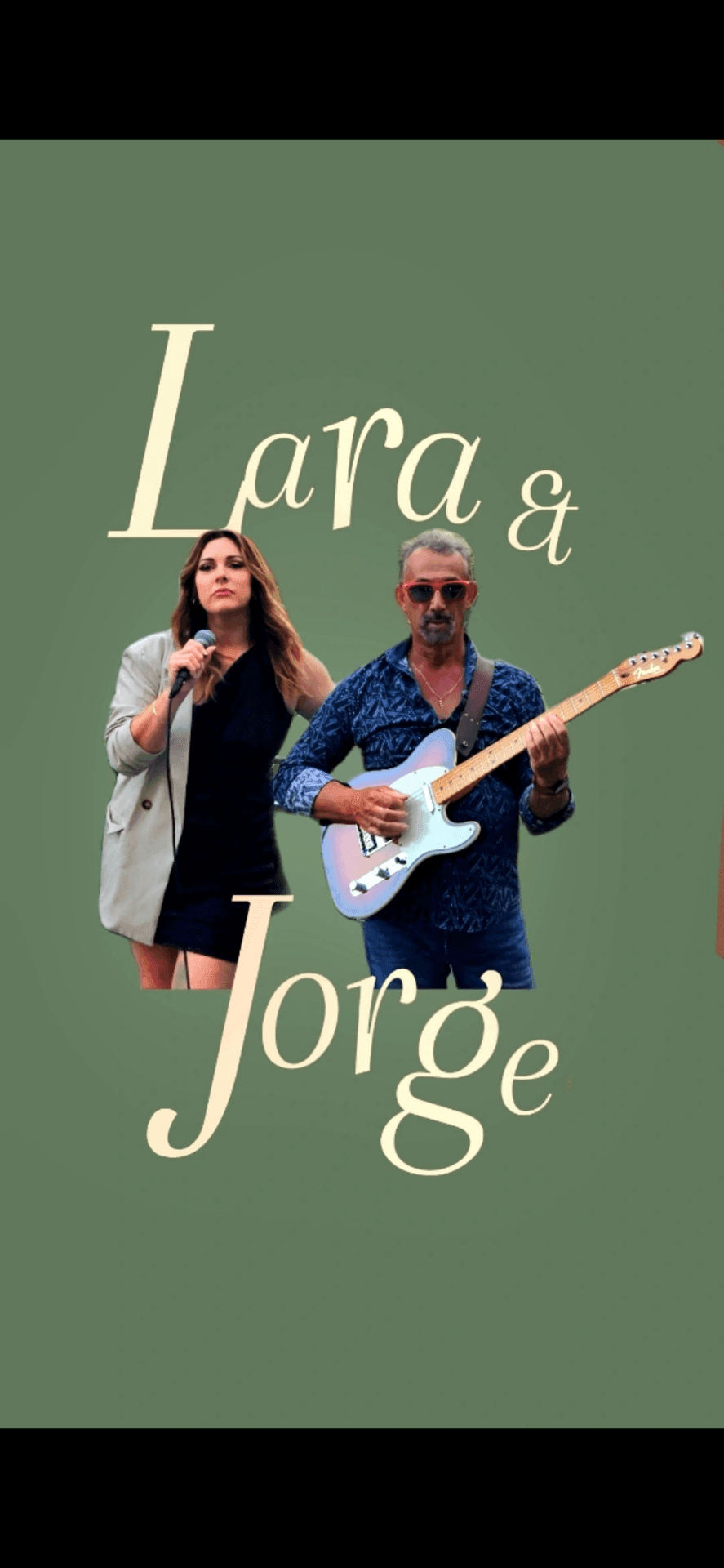 Woman singing and man playing guitar, with 'Lara & Jorge' text on green background.